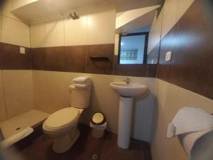 a bathroom with a toilet and a sink at PAQARIQ INN HOTEL in Machu Picchu