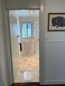 a bathroom with a walk in shower next to a door at Two Twenty Two Farm Stay in Grassy +23 photos