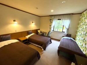 a hotel room with two beds and a window at Heidihof Hotel in Hakuba