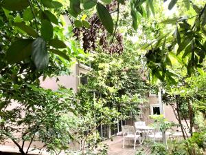 eine Terrasse mit zwei Stühlen und Bäumen vor einem Gebäude in der Unterkunft Write Asia Hollidays in Gampaha