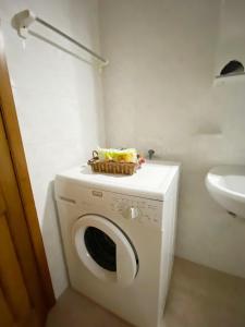 uma máquina de lavar roupa na casa de banho com um lavatório em La Pineta - Appartamenti In Villetta em Pinzolo