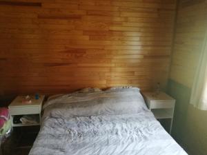 a bed with two night stands next to a wooden wall at Chalet 94 la boverie in Rendeux