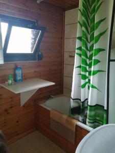 a sauna with a tub and a window at Chalet 94 la boverie in Rendeux