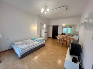 1 dormitorio con 1 cama y cocina con mesa en Sosnowy apartament, en Józefów