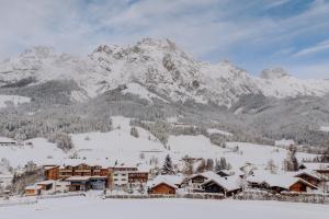 a resort in the snow with a mountain in the background at Naturresort PURADIES in Leogang +65 photos