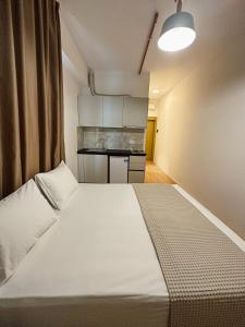 1 dormitorio con 1 cama blanca grande en una habitación en ApartHotel Folé en Tirana