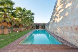 阿爾蓋達的住宿－Can Serral，棕榈树建筑旁边的游泳池