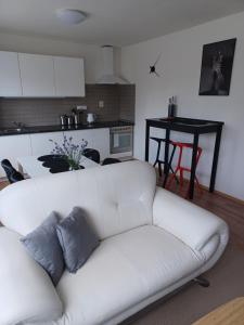 a white couch in a living room with a kitchen at Apartmán Radenice 