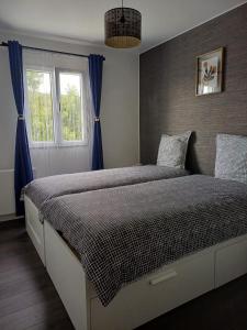 a bedroom with a large bed with blue curtains at Le 4G Home Plain-pied #2Chb-3lits #Terrasse #Parking Securisé in Crépand +13 photos