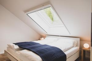 a bedroom with a bed with a skylight at Gulfhof Boomgaarden 6 Lucas in Upleward