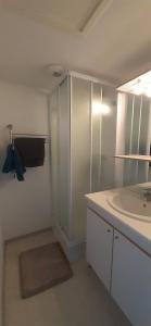 a bathroom with a sink and a mirror at Joli triplex 3 étoiles, avec jardin et cheminée in Génos