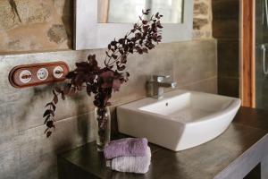 La salle de bains est pourvue d'un lavabo et d'un vase fleuri. dans l'établissement Casa Muíñovedro, à Chantada