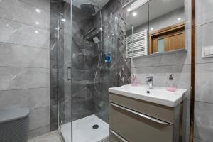 a bathroom with a shower and a sink and a toilet at Luxury in the City-10-KsiezyMlyn&GaleriaLodzka in Łódź +12 photos