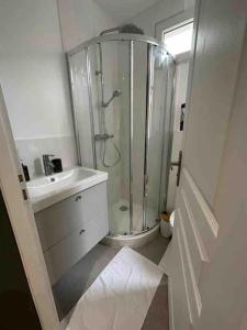 La salle de bains est pourvue d'une douche et d'un lavabo. dans l'établissement Saint-Mandé Chic et Pratique, Métro 1 à Proximité, à Saint-Mandé