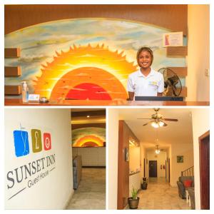 Sunset Inn في مونروفيا: مجموعة صور مع امرأة ولوحة شمس