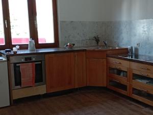 eine Küche mit Holzschränken, einer Spüle und einem Herd in der Unterkunft Haus Scheibenhardt 
