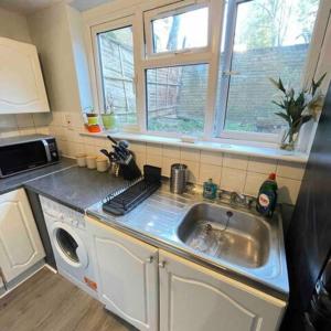 a kitchen with a sink and a dishwasher at London Apartment - Near Kings Cross St Pancreas! in London