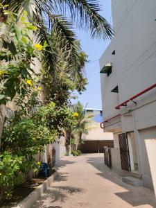 un callejón entre dos edificios con palmeras en HOTEL PANETAR PALACE, en Ahmedabad