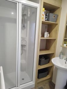a bathroom with a shower and a sink at G & M Static Caravan Edinburgh in Port Seton