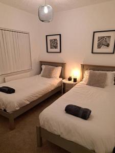 a bedroom with two beds and a lamp at Charming Terrace Home, Nantwich -Near train station & Town in Nantwich