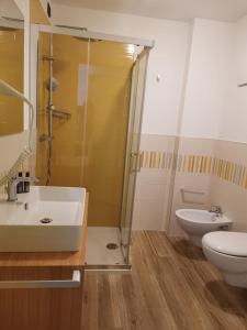 a bathroom with a shower and a sink and a toilet at Alpencolor Hotel Tonale in Passo del Tonale
