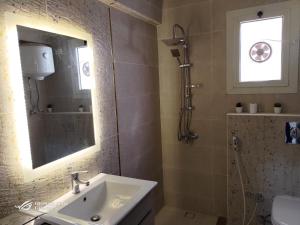 La salle de bains est pourvue d'un lavabo, d'une douche et d'un miroir. dans l'établissement 3 Bedrooms Luxurious Appartment in Nasr City, au Caire