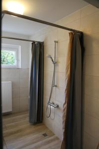 a shower with a shower curtain in a bathroom at Ferienhaus Kappeln in Rabenkirchen-Faulück