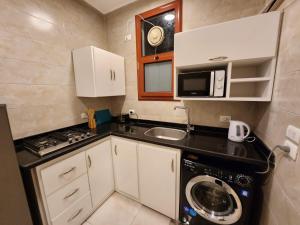 een kleine keuken met een wastafel en een wasmachine bij Wa set Luxor Apartment in Luxor