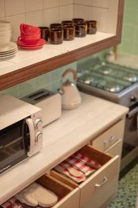 uma cozinha com um balcão com pratos e um micro-ondas em Stunning Designer 2 Bed Apt in Glorious Gràcia em Barcelona