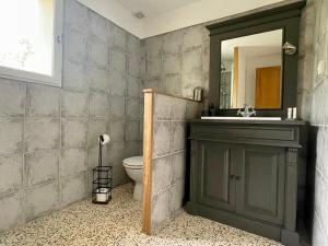 La salle de bains est pourvue d'un lavabo, de toilettes et d'un miroir. dans l'établissement La Serre Des Mourgues, à Méjannes-lès-Alès
