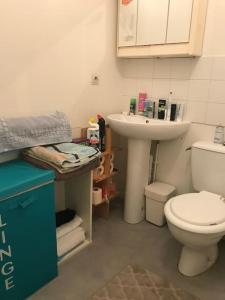 a bathroom with a white toilet and a sink at Beau appart à balcon vue Tour Eiffel & parking in Paris