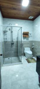 y baño con ducha de cristal y aseo. en Villa KiengKham晶康民宿 en Luang Prabang
