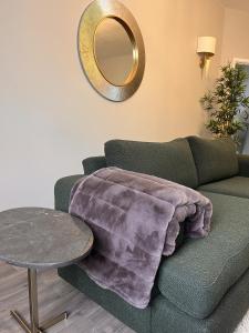 a living room with a green couch and a mirror at Primrose Hill Apartments in London