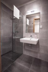 ビスピンゲンにあるリゾート ホテル ビスピンゲン スペリオールのバスルーム(洗面台、ガラス張りのシャワー付)