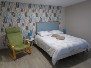 een slaapkamer met een bed en een groene stoel bij Les Collinades de Chalons in Châlons-en-Champagne