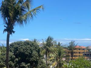a group of palm trees in front of a building at Beachfront M. A.apartment in Dar es Salaam