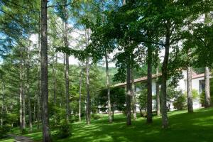 茅野的住宿－立科町東急酒店，建筑物前的树木林