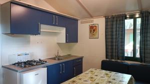 a kitchen with blue cabinets and a sink and a stove at Bolsena Holiday House in Bolsena +39 photos