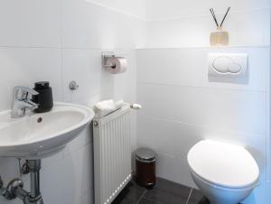 a white bathroom with a toilet and a sink at Imperial City Apartment in Vienna