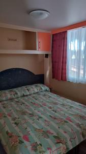 a bedroom with a bed with a floral comforter and a window at Bolsena Holiday House in Bolsena