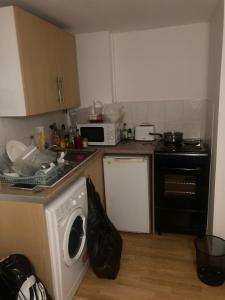una cucina con lavatrice e forno a microonde di Inviting 1-Bed Studio in London a Londra