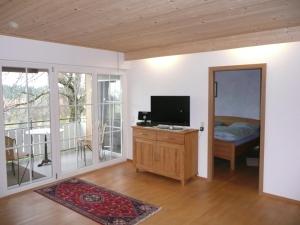 ein Wohnzimmer mit einem TV und einem Balkon in der Unterkunft Ferienhof Roller in Simmersfeld