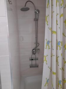 ducha con cabezal de ducha y cortina de ducha en Alpaka-Ranczo AFF en Puławy