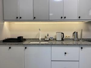 a kitchen with white cabinets and a counter top at CASA do CAMPO Lestrove in Padrón