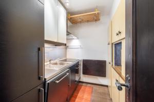uma cozinha com um lavatório e um fogão em Au Reduit em St. Moritz