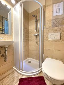 a bathroom with a shower and a toilet and a sink at City and Calmness in Budapest
