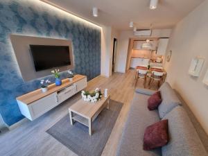 Una sala de estar con un sofá y un televisor. en RiverCity Apartments, en Budapest