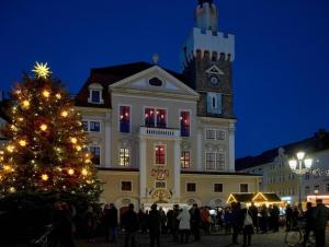 uma árvore de Natal em frente a um grande edifício em Pension Anna em Löbau