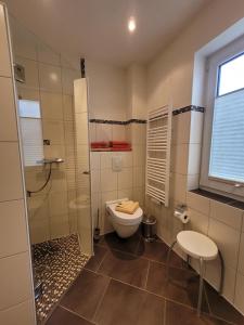 La salle de bains est pourvue d'une douche et de toilettes. dans l'établissement Ferienwohnungen "Yvonne Zacher-Schult", à Kühlungsborn
