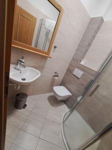 y baño con lavabo, aseo y ducha. en Hotel Poutní Dům en Králíky